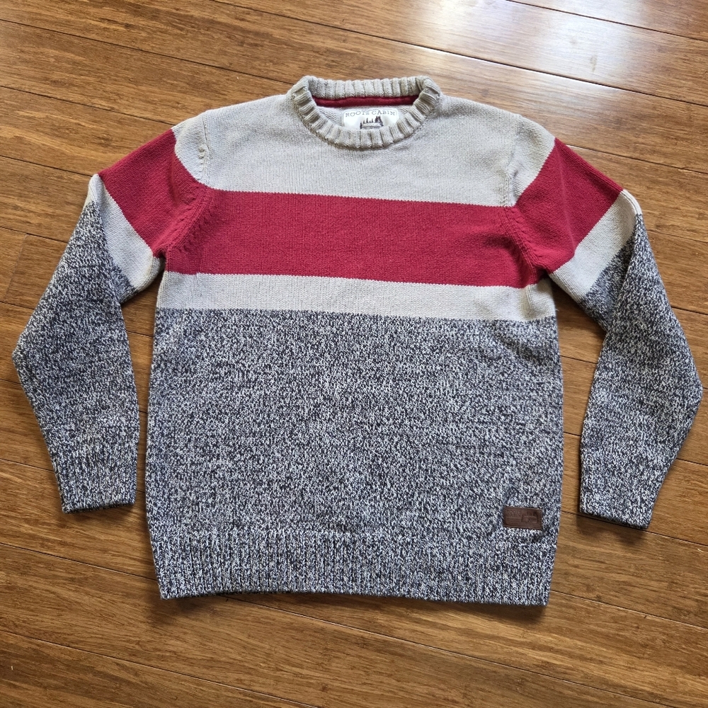 Roots Cabin Striped Sweater L Red Cream Grey Cotton Knit Canadiana
